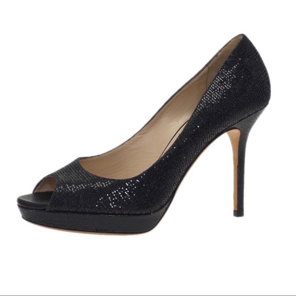 Jimmy Choo black glitter peep toe pumps